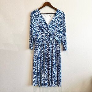 Christopher & Banks XL Faux Wrap Midi Dress Blue White Knot Front Flowy Stretch